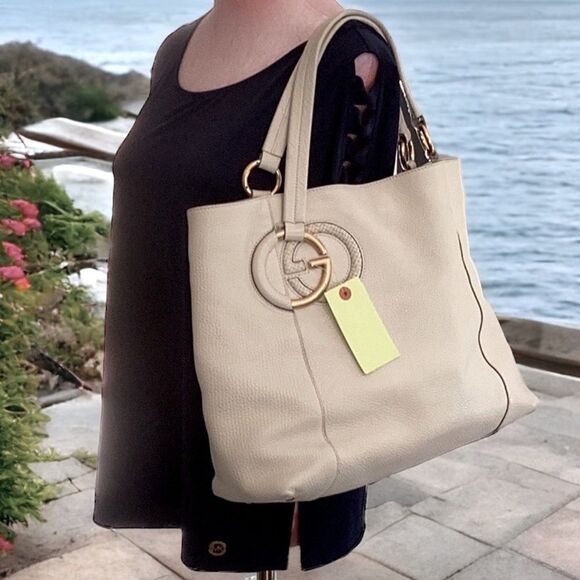 AUTHENTIC GUCCI HANDBAG SHOULDER TOTE OFF WHITE LEATHER - Picture 3 of 15